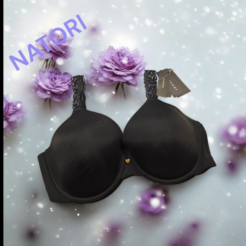 Nwt Natori Pure Luxe Molded Black Push-Up Bra with Logo gold charm at center